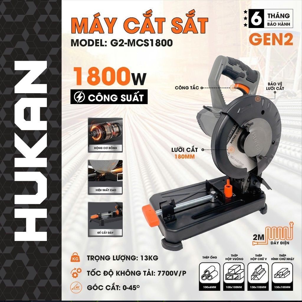 Máy cắt sắt bàn HUKAN G2-MCS1800, Công suất 1800W, Lưỡi cắt 180mm, Góc cắt 45 độ, Tốc độ 7700v/p
