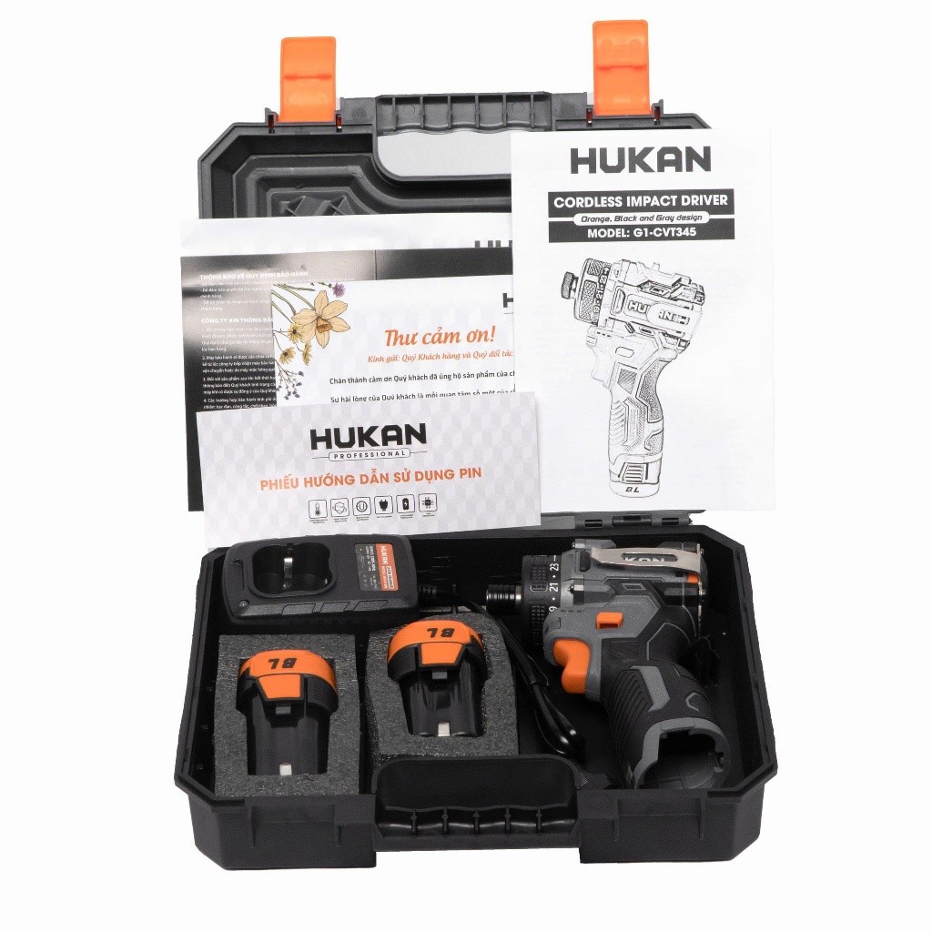 Máy chuyên vít trượt pin HUKAN G1-CVT345, Lực siết 45Nm, Gọn nhẹ không chổi than, Kèm pin sạc