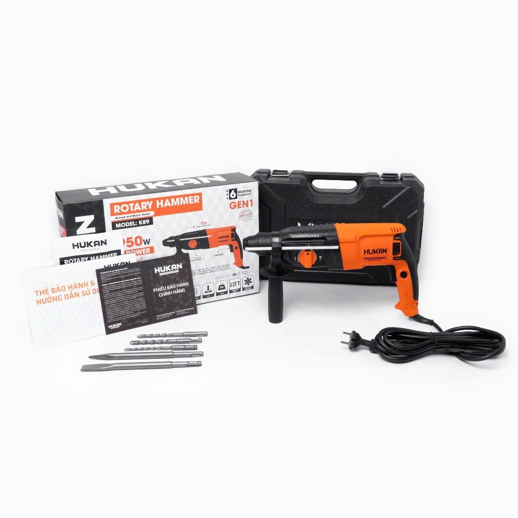 Máy khoan đục bê tông HUKAN K89, 3 Chức năng, Công suất 950W, Tặng Bộ 5 Mũi khoan và Đục