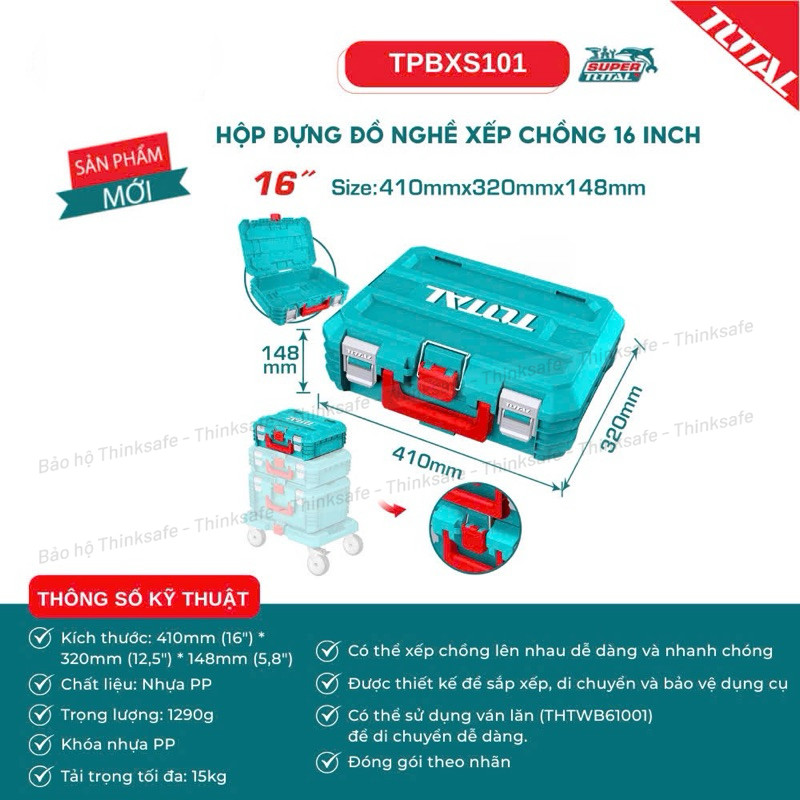 Hộp Đựng Đồ Nghề Xếp Chồng TOTAL TPBXS101/ TPBXS102 kích thước 16-19 inch Nhựa PP Bền Chắc Chống Va Đập