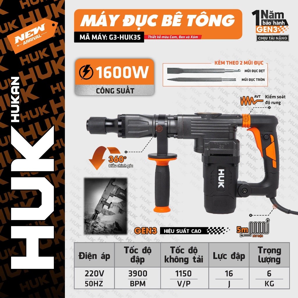 Máy đục bê tông HUKAN G3-HUK35, Công suất 1600W, Lực đập 16J, Tốc độ 1.150v/p Có AVT giảm rung chấn