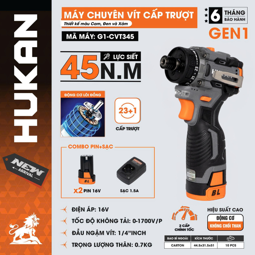 Máy chuyên vít trượt pin HUKAN G1-CVT345, Lực siết 45Nm, Gọn nhẹ không chổi than, Kèm pin sạc