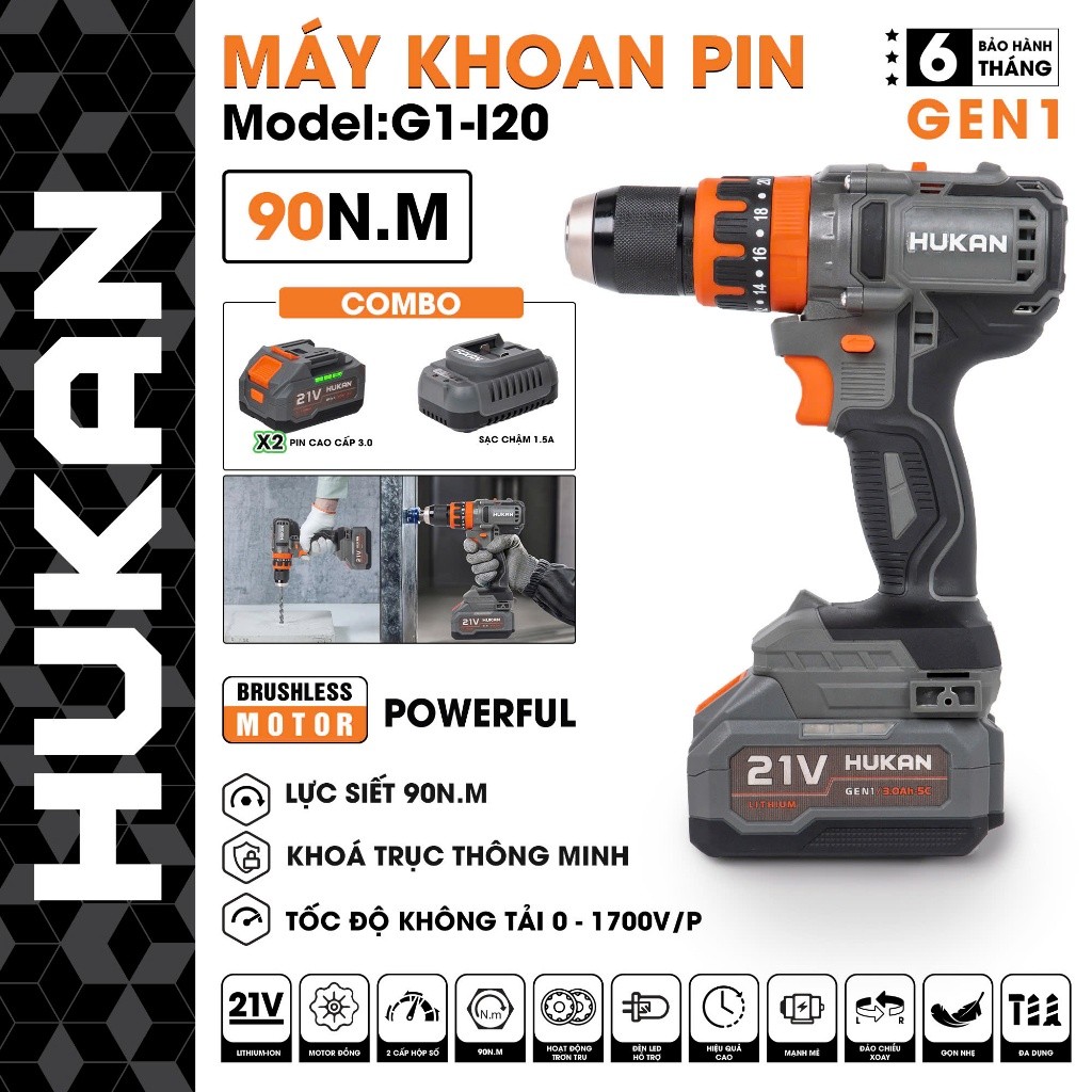 Khoan Pin HUKAN HM21-G1-I20 Lực Siết 90N.m - 3 chức năng có chức năng - Động cơ không chổi than