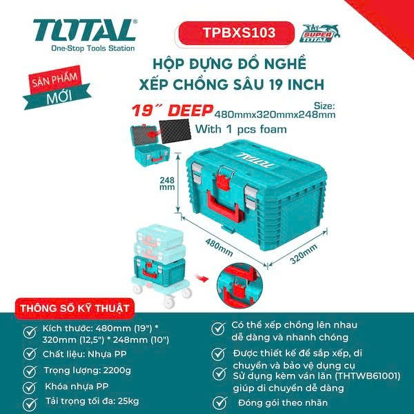 Hộp Đựng Đồ Nghề Xếp Chồng TOTAL TPBXS101/ TPBXS102 kích thước 16-19 inch Nhựa PP Bền Chắc Chống Va Đập