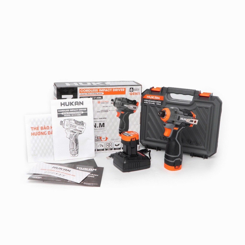 Máy chuyên vít có búa dùng pin HUKAN G1-V140BL, 140Nm, 3 tốc độ chỉnh nhanh, Không chổi than, Kèm pin sạc