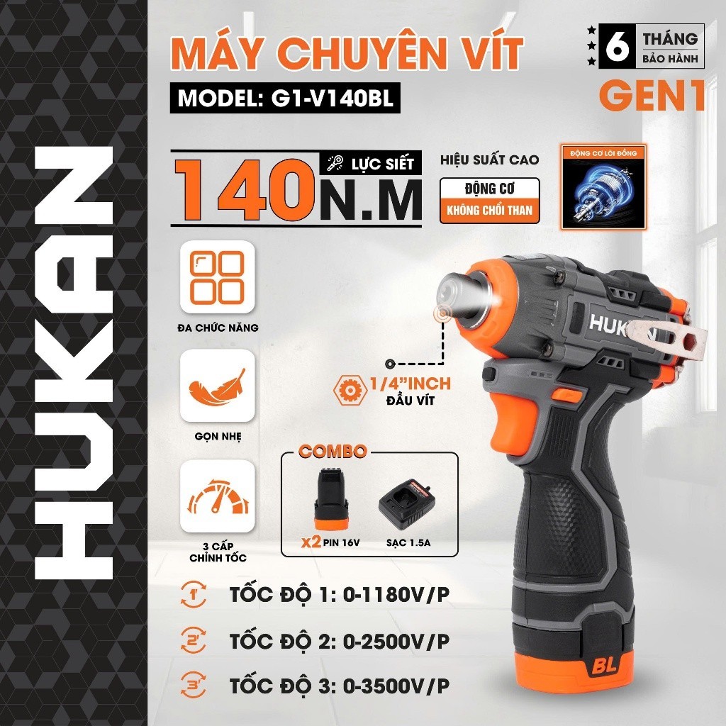 Máy chuyên vít có búa dùng pin HUKAN G1-V140BL, 140Nm, 3 tốc độ chỉnh nhanh, Không chổi than, Kèm pin sạc