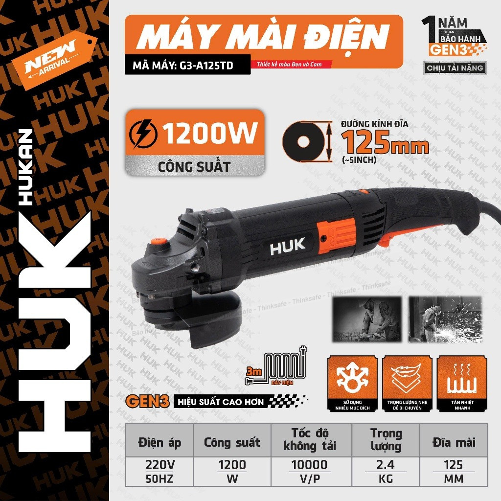 Máy mài cầm tay HUKAN G3-A125TD, Công tắc bụng, Đĩa 125mm, Công suất 1200W, 6 Tốc độ 10.000v/p