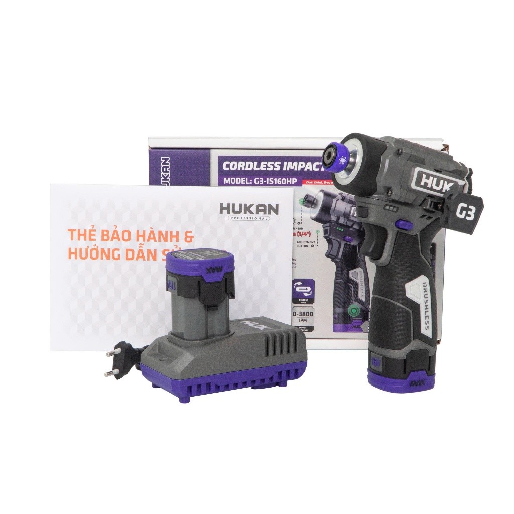 Máy chuyên vít có búa HUKAN G3-IS160HP, Lực siết 160Nm, Nút chỉnh tốc nhanh, Pin xả tốt 10C