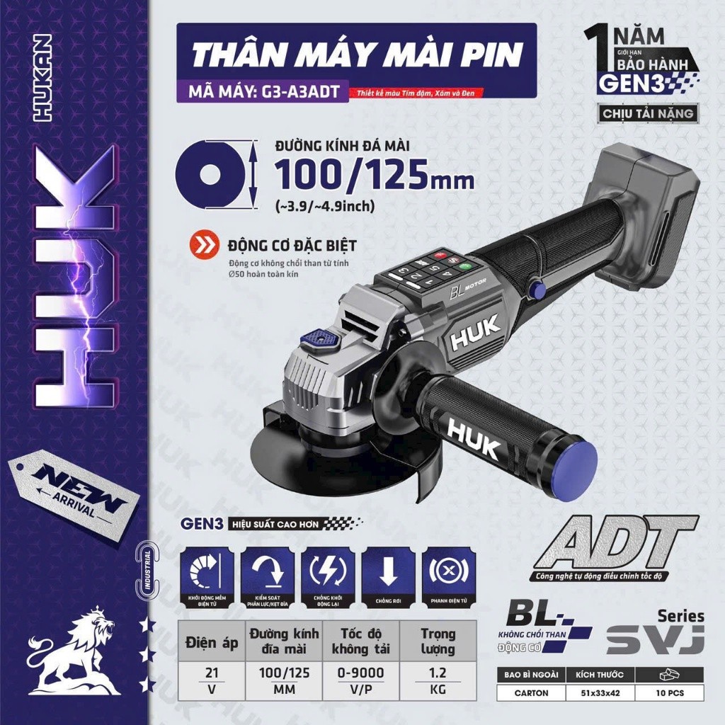 Máy mài pin HUKAN seri SVJ G3-A3ADT, Đá 100mm/125mm, 5 Tốc độ 9000v/p, Công nghệ tự điều chỉnh tốc - Không chổi than