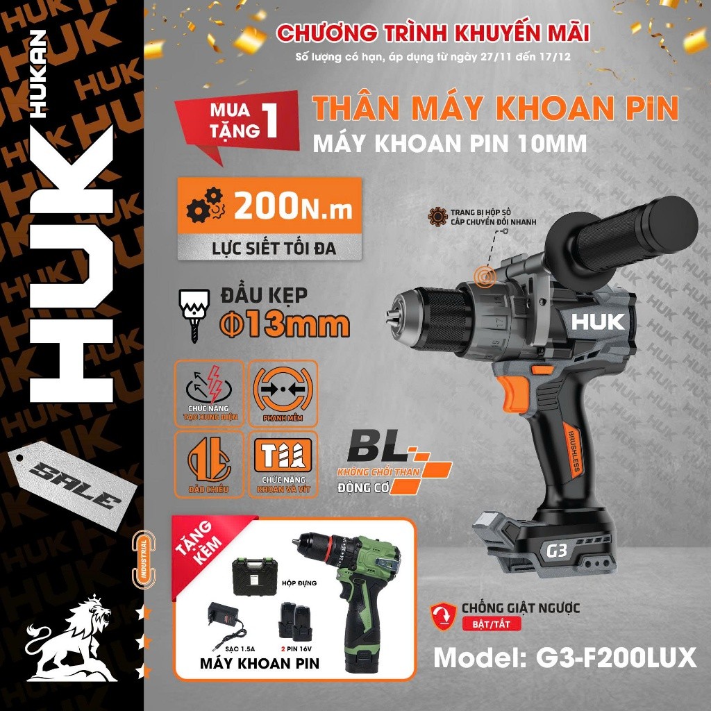 Thân Máy Khoan Pin HUKAN 13MM GEN3 G3-F200LUX | LỰC 200N.m -  ĐỘNG CƠ KHÔNG CHỔI THAN | ANTI KICKBACK, Chống Giật Ngược