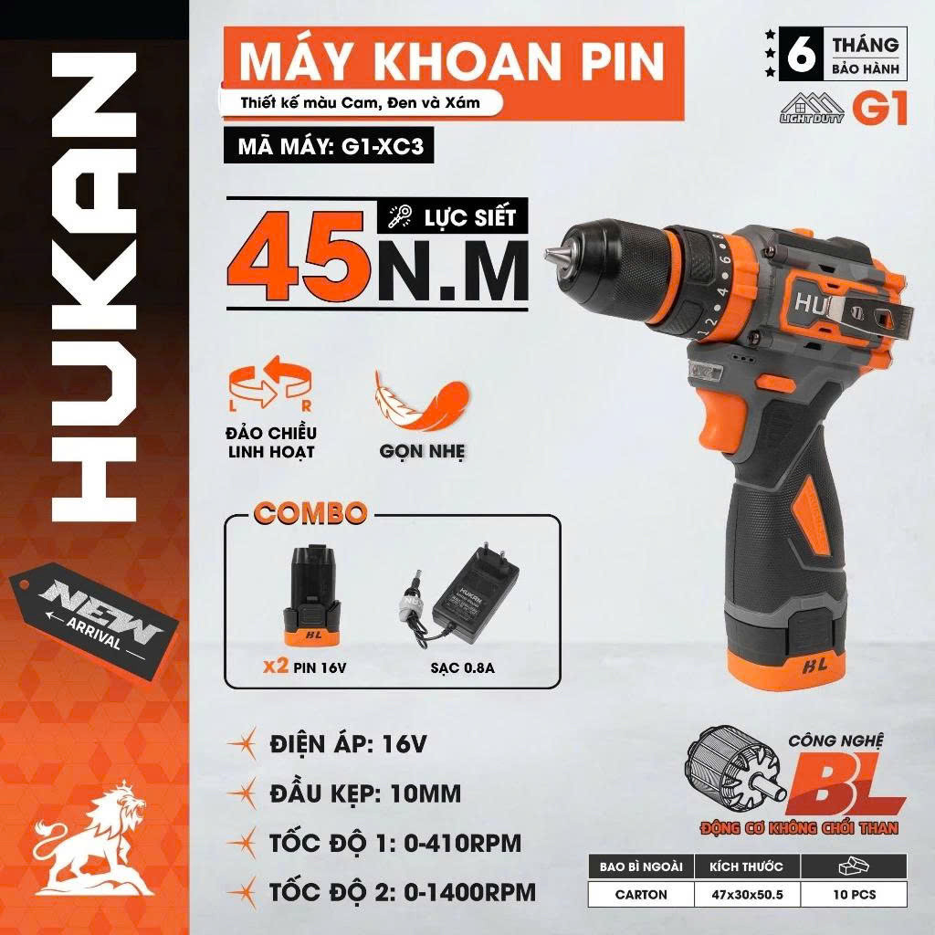 Máy khoan pin Hukan H16-G2C-Q2, Lực siết 55Nm, 3 Chức năng, Đầu kẹp 10mm, Động cơ Không chổi than - Thinksafe