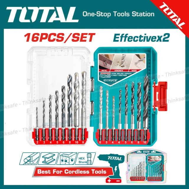 Bộ 16 mũi khoan kim loại, bê tông và gỗ Total TACSDL11608, Chuôi lục giác, Bộ mũi khoan đa năng