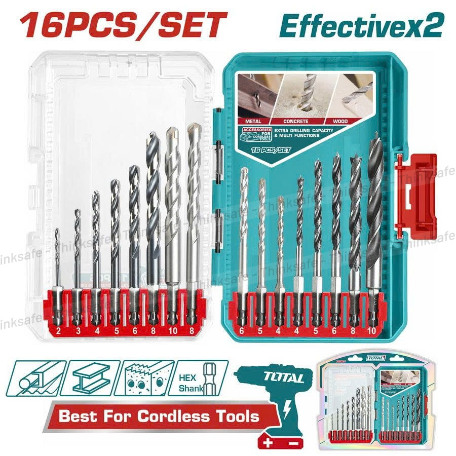 Bộ 16 mũi khoan kim loại, bê tông và gỗ Total TACSDL11608, Chuôi lục giác, Bộ mũi khoan đa năng