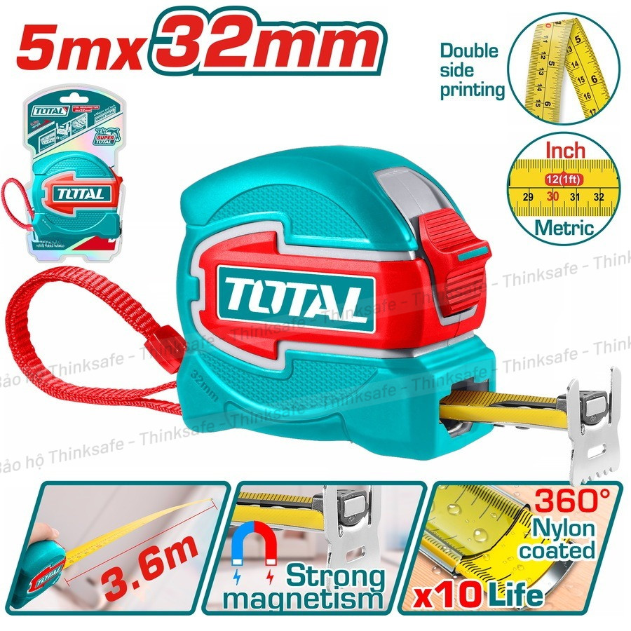 Thước kéo cao cấp TOTAL, Kích thước 5 - 8 mét, Hệ mét và inch, Lưỡi thép phủ nylon 360°, In hai mặt, Móc đôi có nam châm