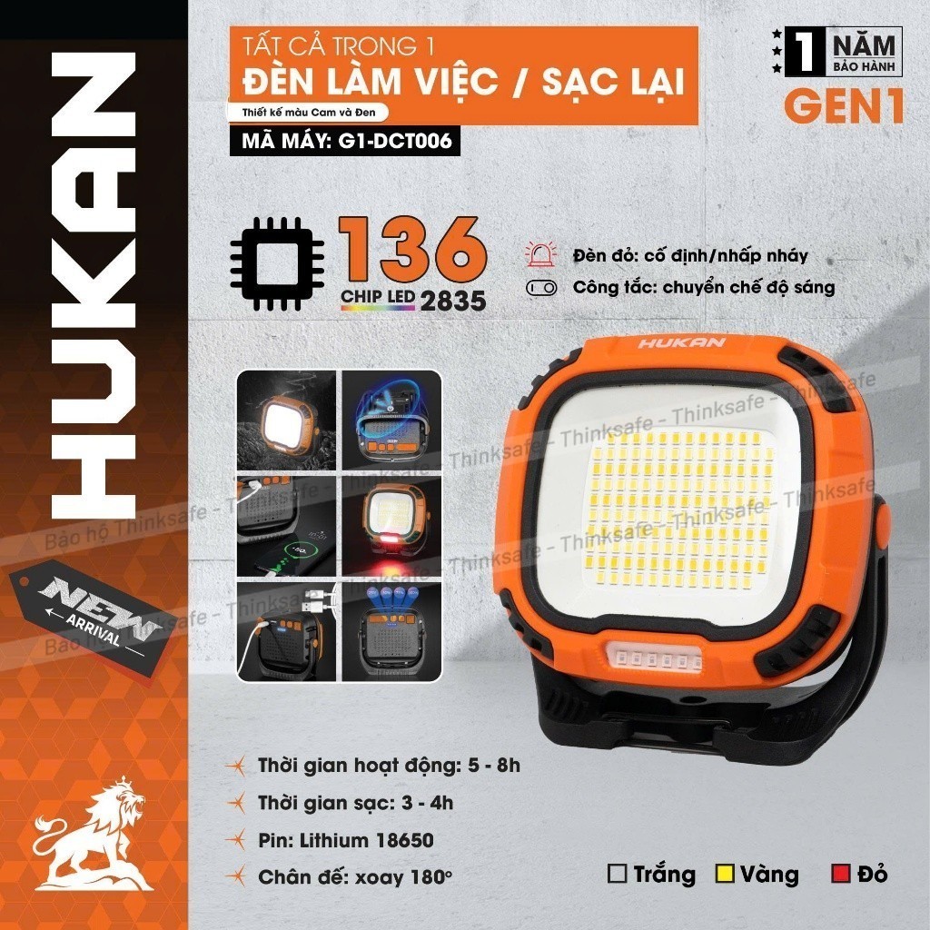Đèn làm việc tích điện HUKAN G1-DCT006, 136 chip led, hoạt động 2-3h, Đèn led chân đế xoay được 180 độ