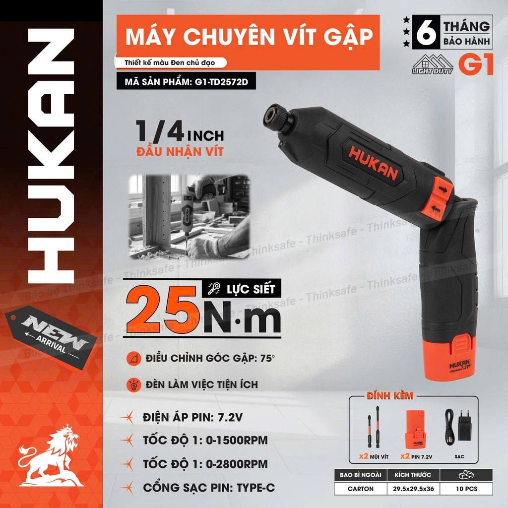 Máy Bắn Vít Gập HUKAN G1-TD2572D Lực Siết 25N.m, 2 Cấp Chỉnh Tốc, Chuyên Vít Kèm Đầy Đủ Phụ Kiện, Máy Bắt Vít Gập
