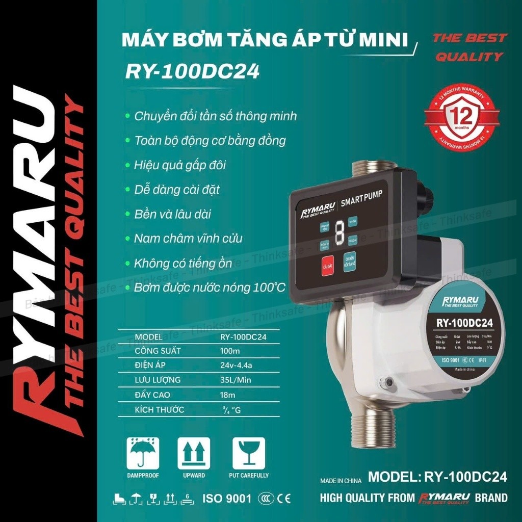Máy bơm tăng áp mini 24V Rymaru RY-100DC24 bảng điều khiển thông minh ren 27mm cho 1 thiết bị, chống nước, an toàn