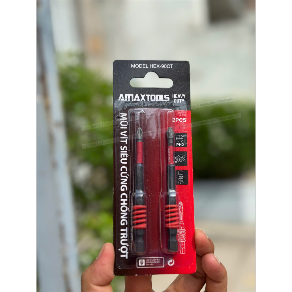 Bộ 2 mũi bắn vít chống trượt siêu cứng Amaxtools, Thép S2, Lò xo giảm chấn, Mũi bắn vít bake PH2, Chuôi lục giác
