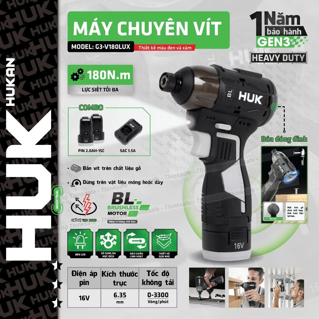 Bộ máy chuyên vít búa pin HUKAN Huk G3-V180LUX, Lực siết 180Nm, Không chổi than Có tạo xung - Thinksafe