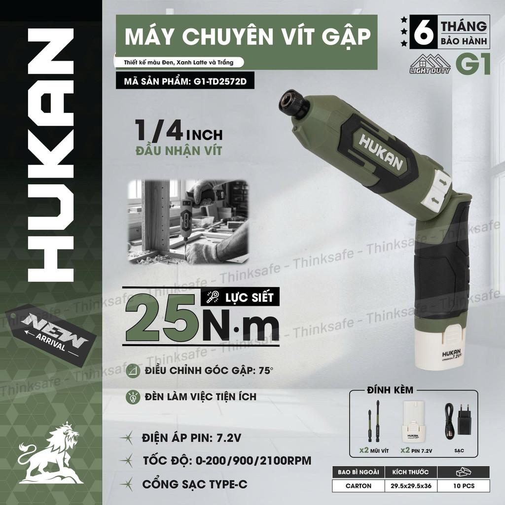 Máy Bắn Vít Gập HUKAN G1-TD2572D Lực Siết 25N.m, 2 Cấp Chỉnh Tốc, Chuyên Vít Kèm Đầy Đủ Phụ Kiện, Máy Bắt Vít Gập