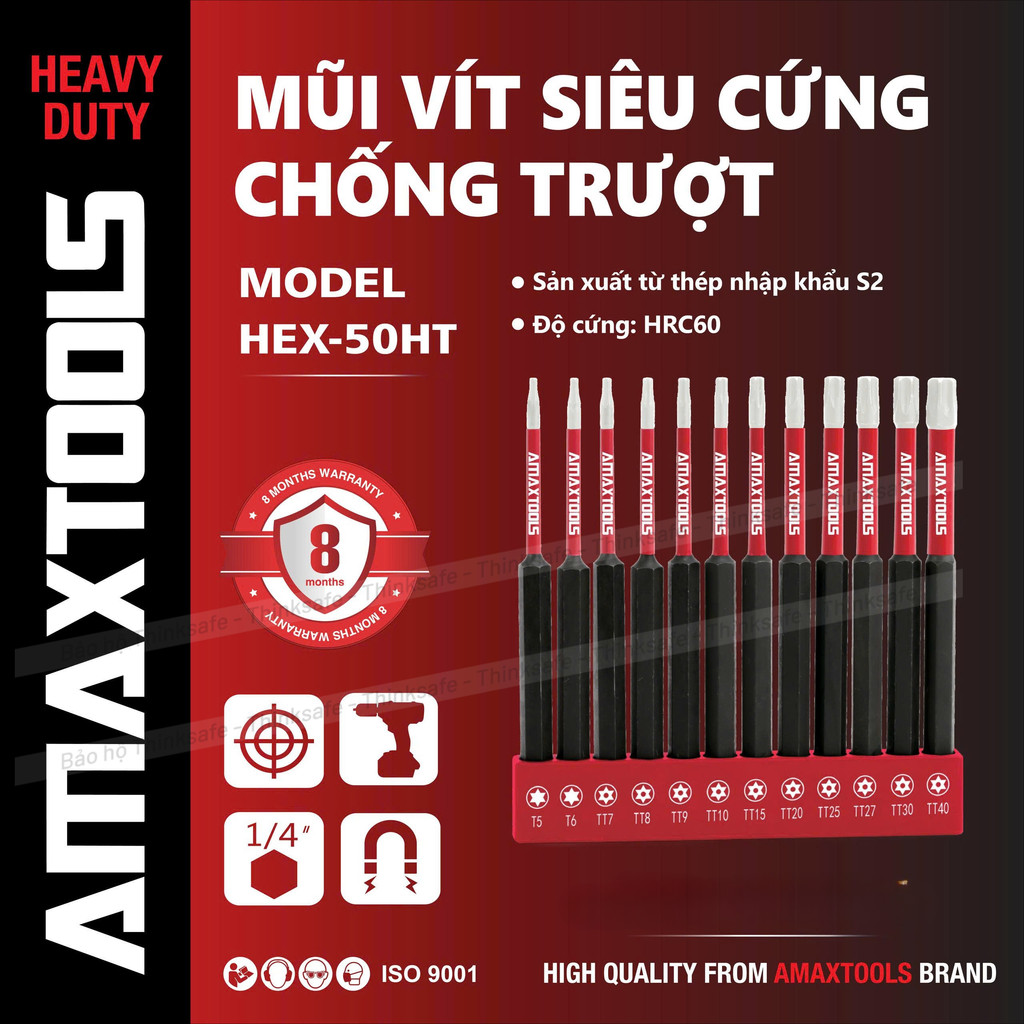 Bộ 12 mũi bắn vít lục giác chống trượt AMAXTOOLS, Thép S2 siêu cứng, HRC60, Mũi bắn vít siêu cứng chống trượt- Thinksafe