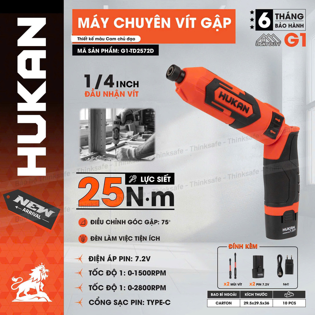 Máy Bắn Vít Gập HUKAN G1-TD2572D Lực Siết 25N.m, 2 Cấp Chỉnh Tốc, Chuyên Vít Kèm Đầy Đủ Phụ Kiện, Máy Bắt Vít Gập