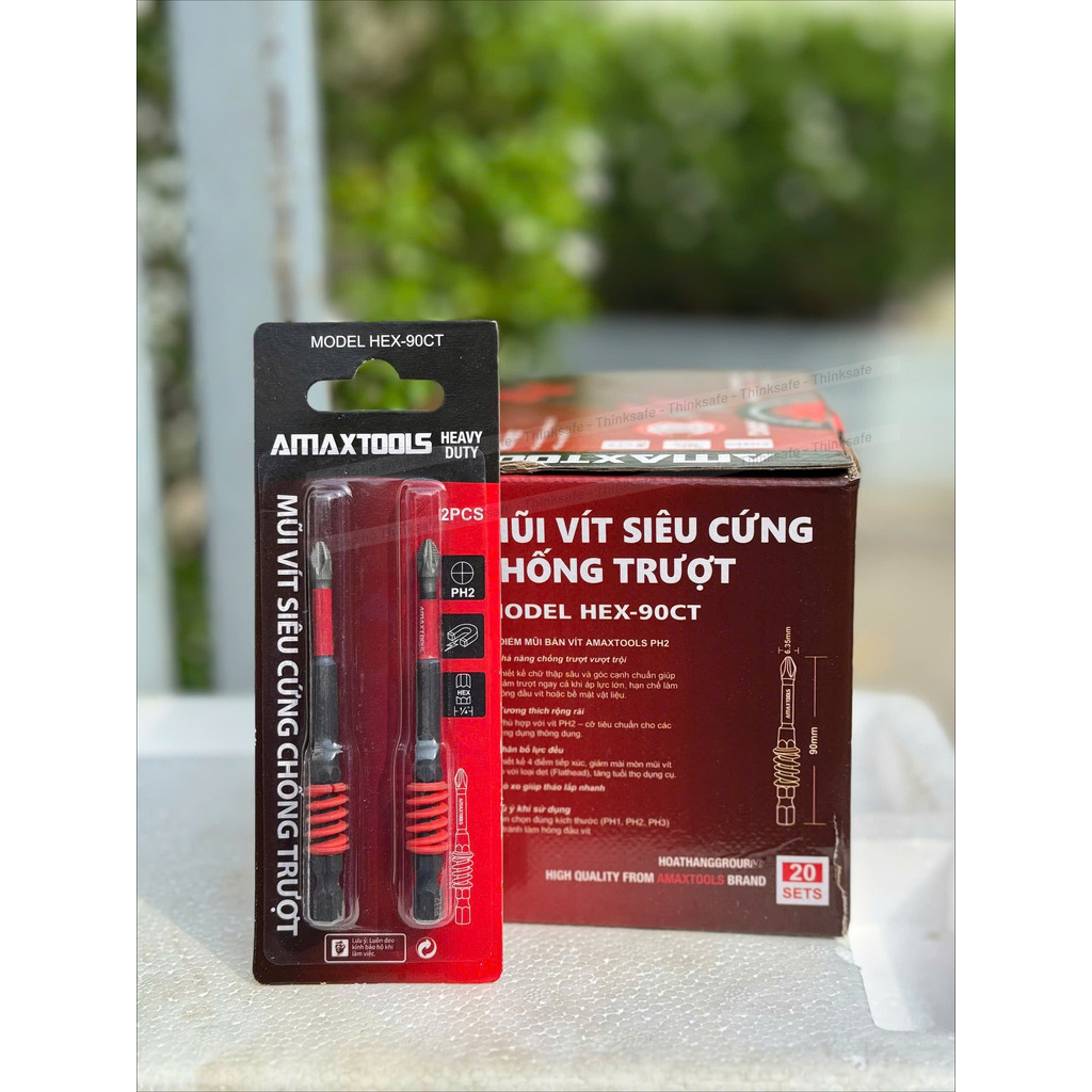 Bộ 2 mũi bắn vít chống trượt siêu cứng Amaxtools, Thép S2, Lò xo giảm chấn, Mũi bắn vít bake PH2, Chuôi lục giác