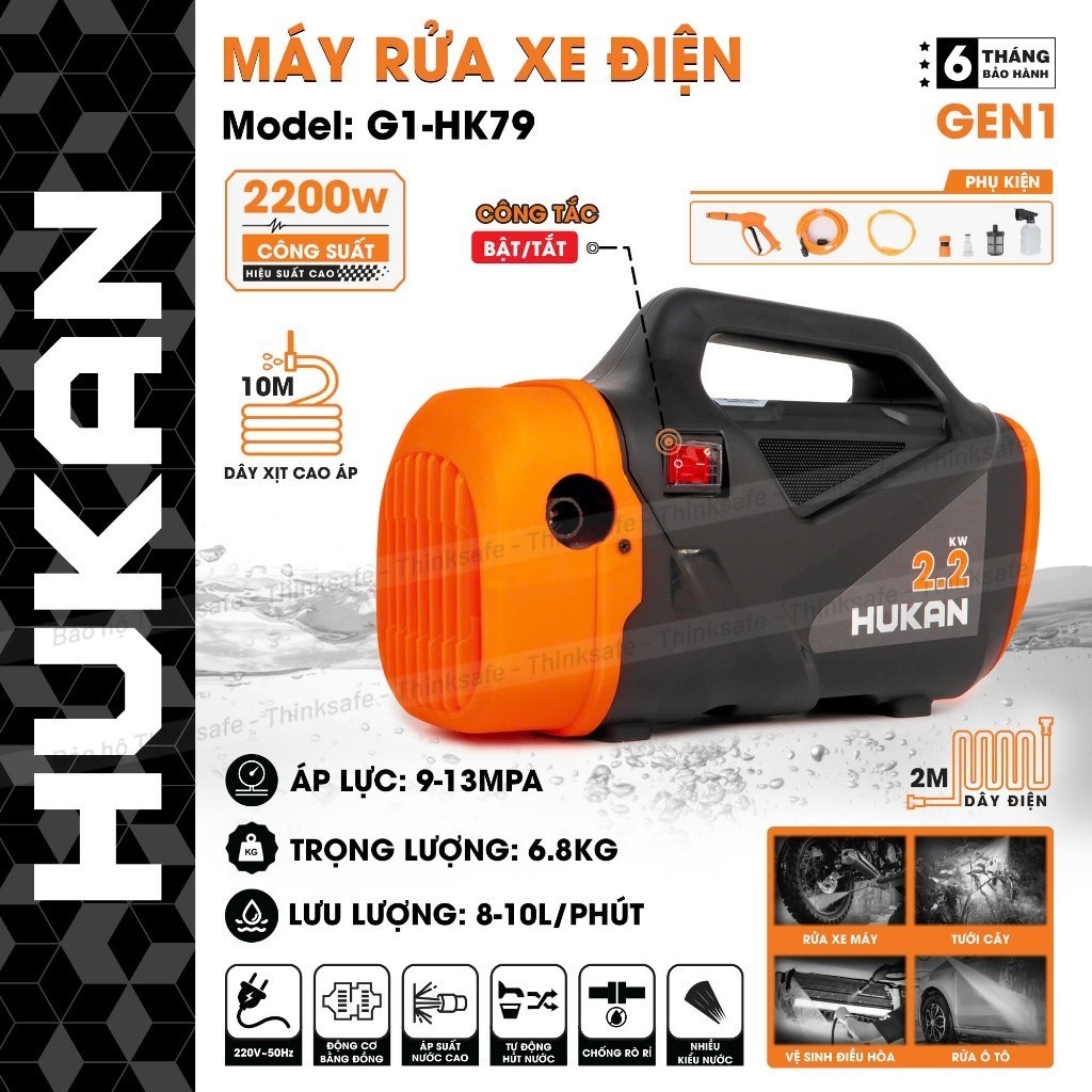 Máy rửa xe áp lực cao HUKAN G1-HK79 2200W/ 130BAR, Động cơ đồng 10 Lít 1 Phút,  Máy xịt rửa ô tô, xe máy, sân vườn