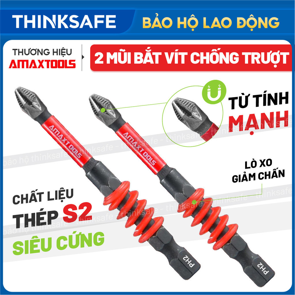 Bộ 2 mũi bắn vít chống trượt siêu cứng Amaxtools, Thép S2, Lò xo giảm chấn, Mũi bắn vít bake PH2, Chuôi lục giác