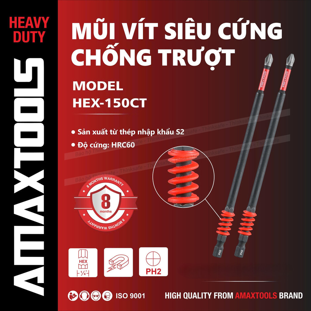 Bộ 2 mũi bắn vít chống trượt siêu cứng Amaxtools, Thép S2, Lò xo giảm chấn, Mũi bắn vít bake PH2, Chuôi lục giác