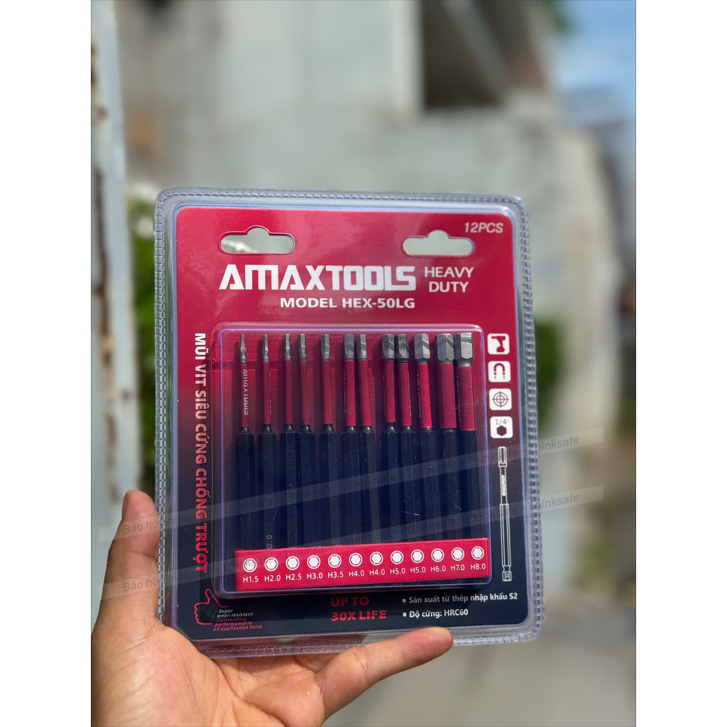 Bộ 12 mũi bắn vít lục giác chống trượt AMAXTOOLS, Thép S2 siêu cứng, HRC60, Mũi bắn vít siêu cứng chống trượt- Thinksafe