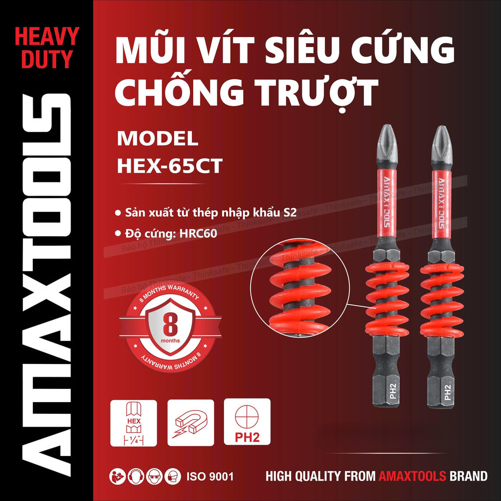 Bộ 2 mũi bắn vít chống trượt siêu cứng Amaxtools, Thép S2, Lò xo giảm chấn, Mũi bắn vít bake PH2, Chuôi lục giác