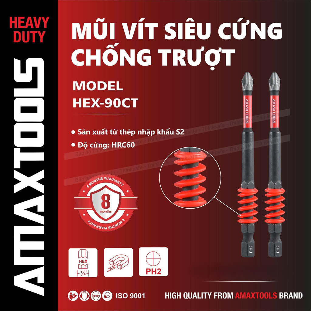 Bộ 2 mũi bắn vít chống trượt siêu cứng Amaxtools, Thép S2, Lò xo giảm chấn, Mũi bắn vít bake PH2, Chuôi lục giác