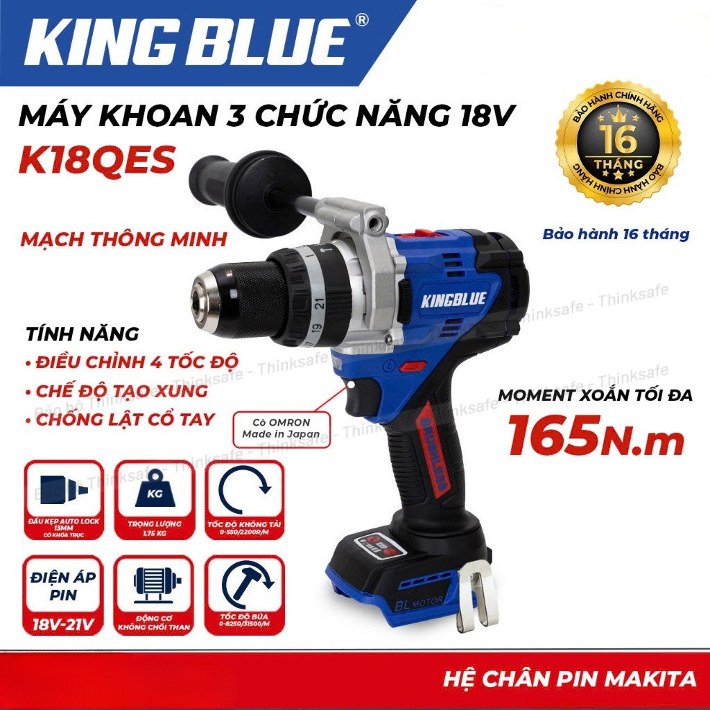 Máy khoan 3 chức năng 18V KingBlue K18QES Lực siết 165Nm