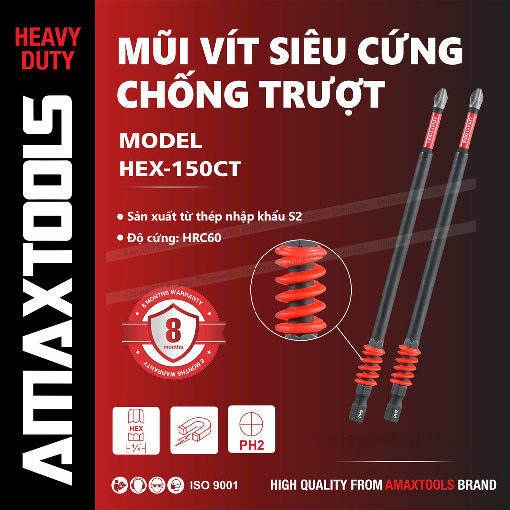 Bộ 2 mũi bắn vít chống trượt siêu cứng Amaxtools, Thép S2, Lò xo giảm chấn, Mũi bắn vít bake PH2, Chuôi lục giác