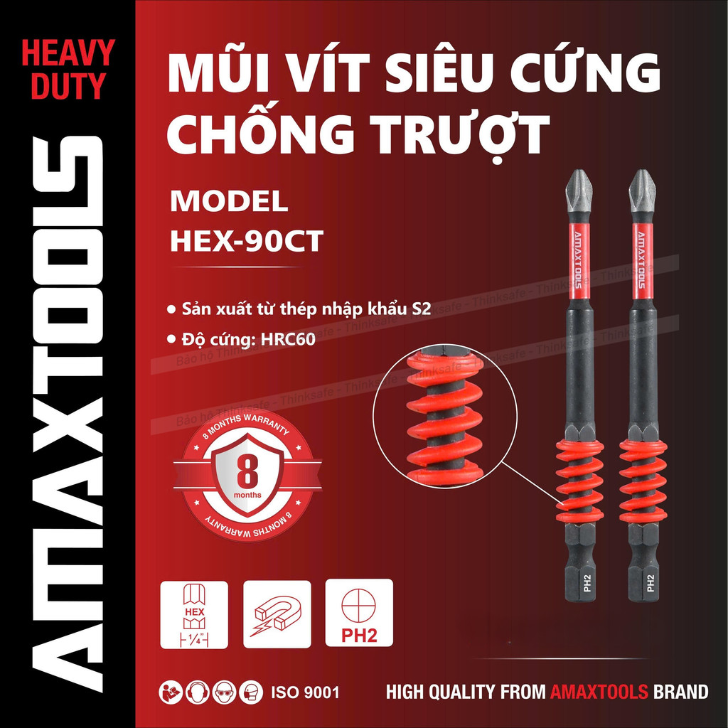 Bộ 2 mũi bắn vít chống trượt siêu cứng Amaxtools, Thép S2, Lò xo giảm chấn, Mũi bắn vít bake PH2, Chuôi lục giác