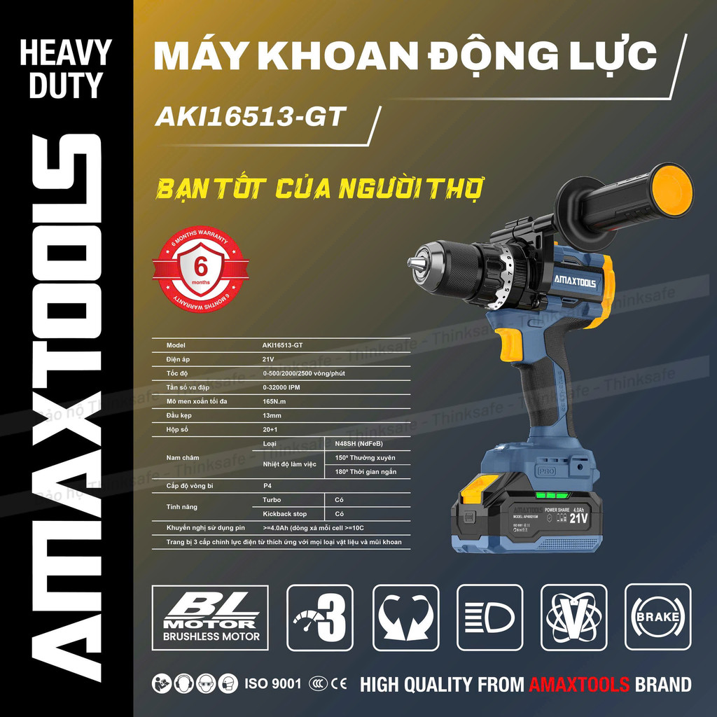 Máy khoan rút lõi 165Nm Amaxtools AKI16513-GT Máy khoan pin 3 chức năng đầu kẹp 13mm, 20 cấp trượt, Máy Khoan Động Lực