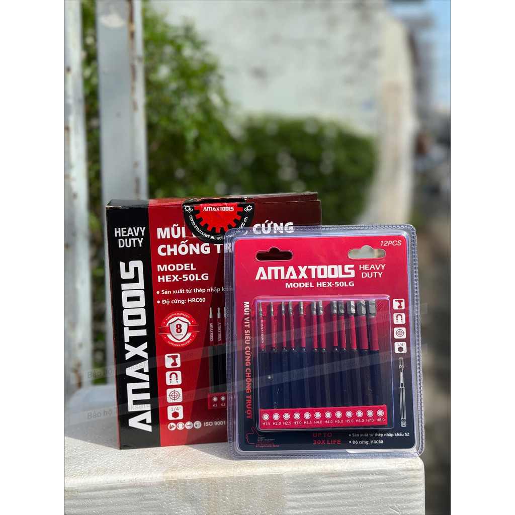 Bộ 12 mũi bắn vít lục giác chống trượt AMAXTOOLS, Thép S2 siêu cứng, HRC60, Mũi bắn vít siêu cứng chống trượt- Thinksafe