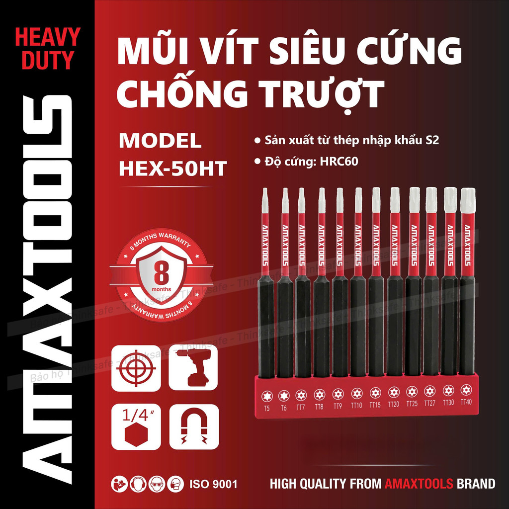 Bộ 12 mũi bắn vít lục giác chống trượt AMAXTOOLS, Thép S2 siêu cứng, HRC60, Mũi bắn vít siêu cứng chống trượt- Thinksafe