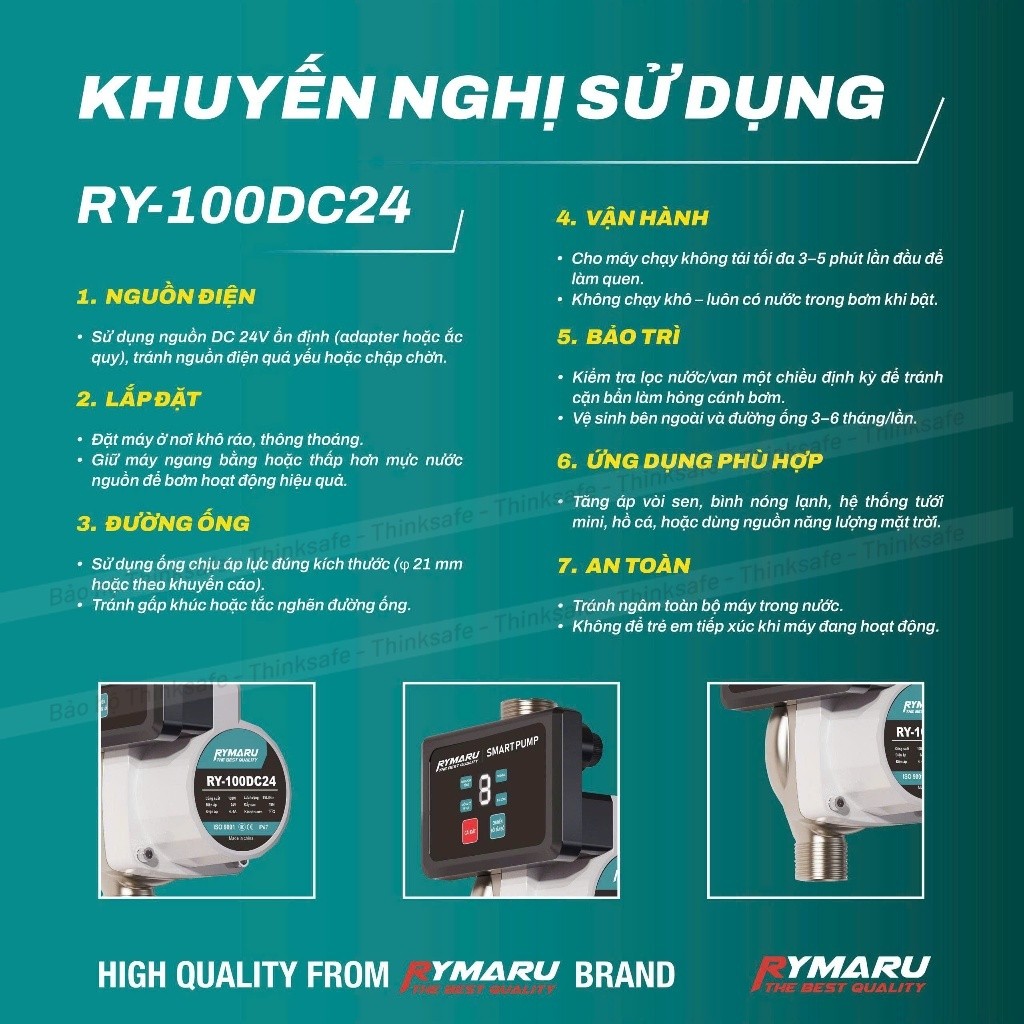 Máy bơm tăng áp mini 24V Rymaru RY-100DC24 bảng điều khiển thông minh ren 27mm cho 1 thiết bị, chống nước, an toàn