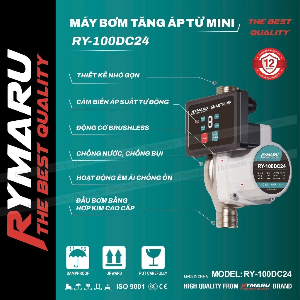 Máy bơm tăng áp mini 24V Rymaru RY-100DC24 bảng điều khiển thông minh ren 27mm cho 1 thiết bị, chống nước, an toàn
