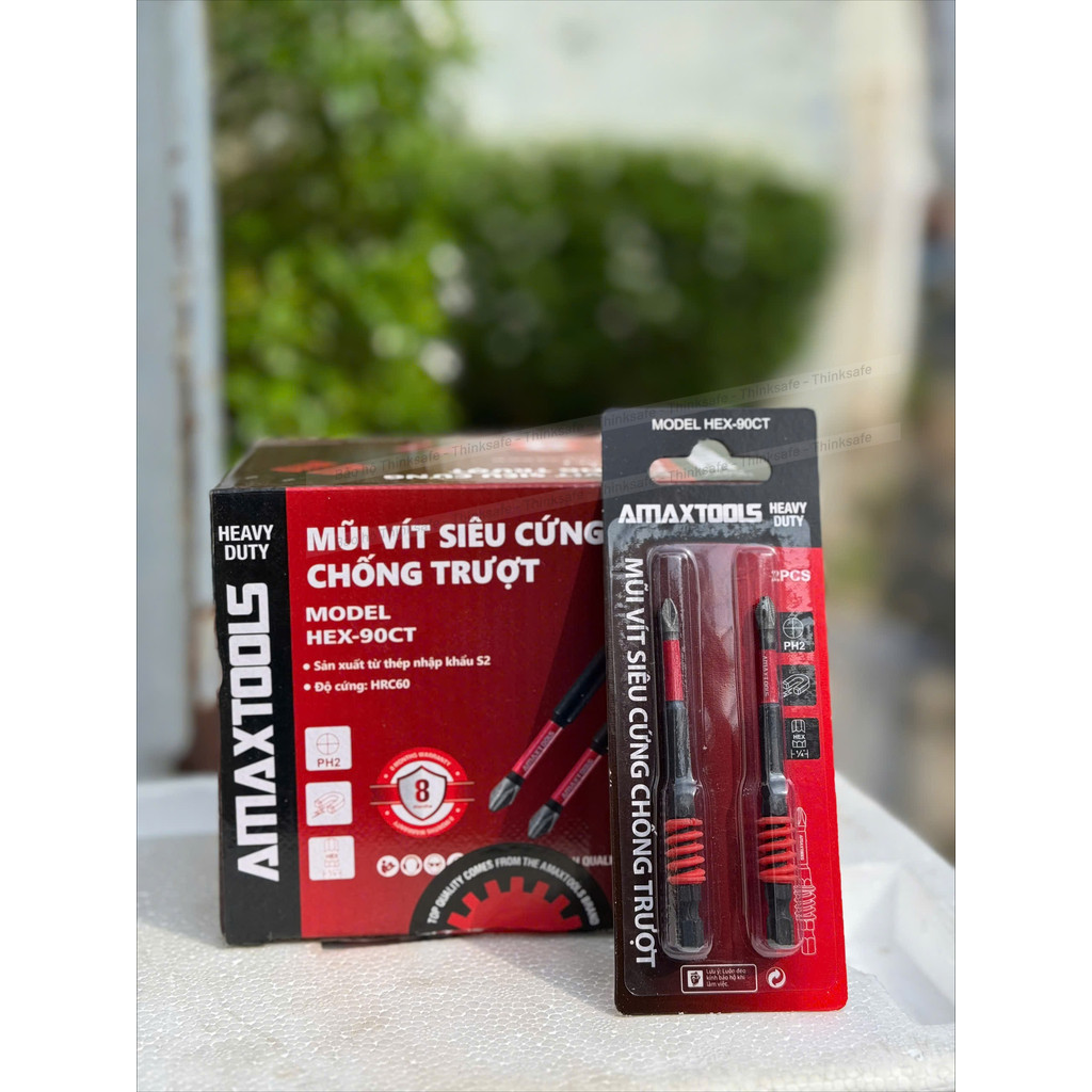 Bộ 2 mũi bắn vít chống trượt siêu cứng Amaxtools, Thép S2, Lò xo giảm chấn, Mũi bắn vít bake PH2, Chuôi lục giác