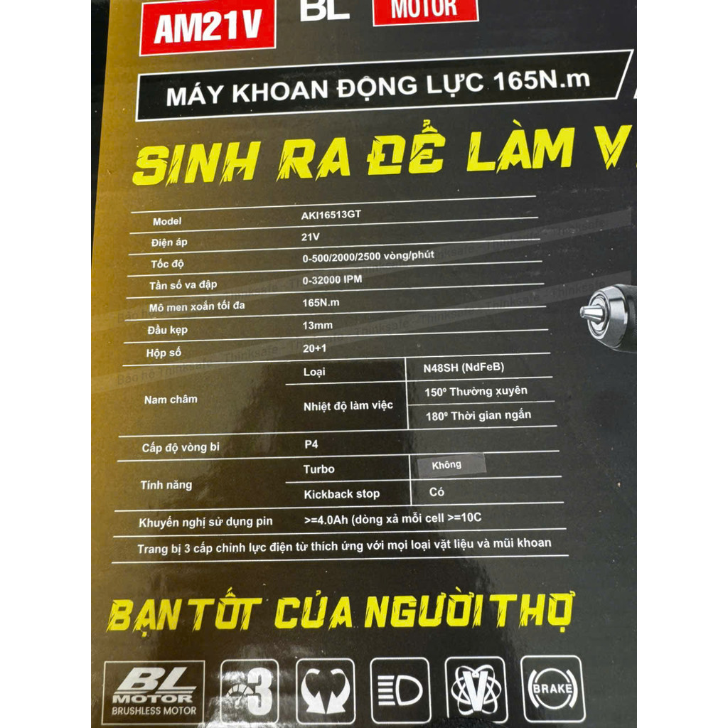 Máy khoan rút lõi 165Nm Amaxtools AKI16513-GT Máy khoan pin 3 chức năng đầu kẹp 13mm, 20 cấp trượt, Máy Khoan Động Lực