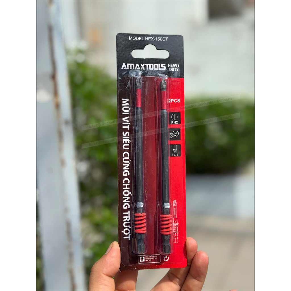 Bộ 2 mũi bắn vít chống trượt siêu cứng Amaxtools, Thép S2, Lò xo giảm chấn, Mũi bắn vít bake PH2, Chuôi lục giác