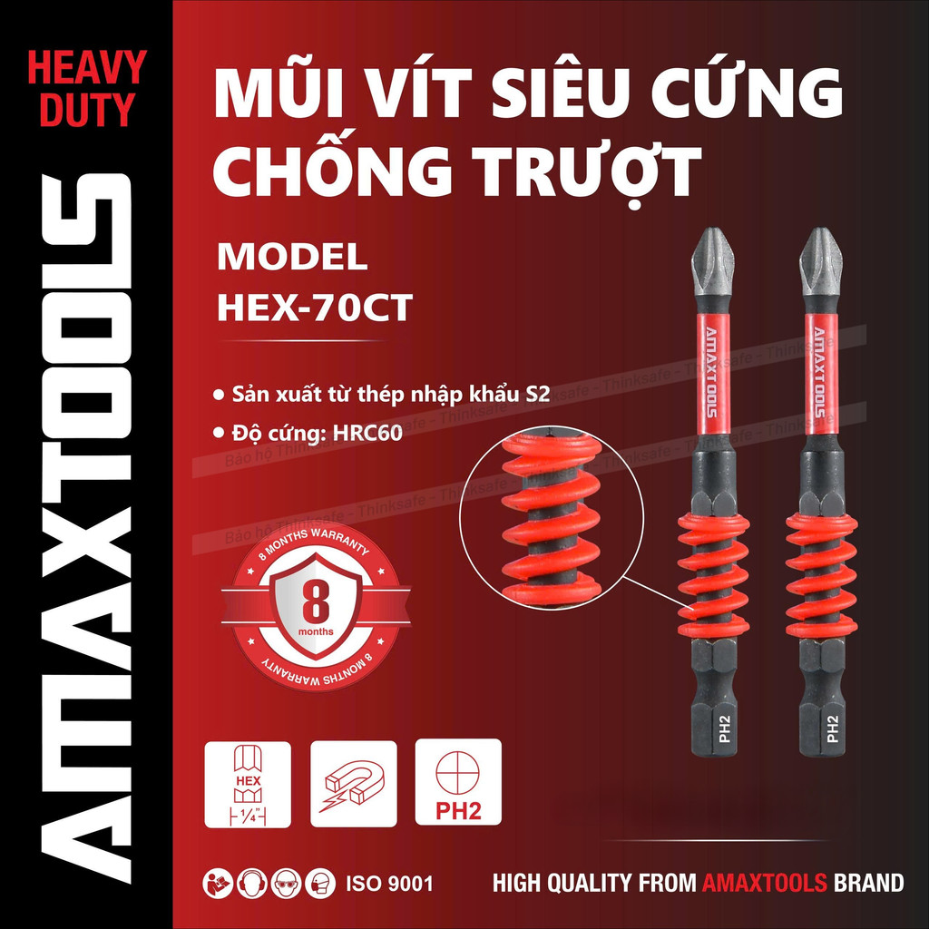Bộ 2 mũi bắn vít chống trượt siêu cứng Amaxtools, Thép S2, Lò xo giảm chấn, Mũi bắn vít bake PH2, Chuôi lục giác