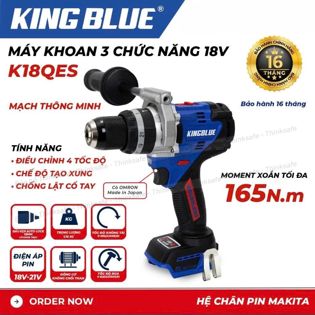 Máy khoan 3 chức năng 18V KingBlue K18QES Lực siết 165Nm