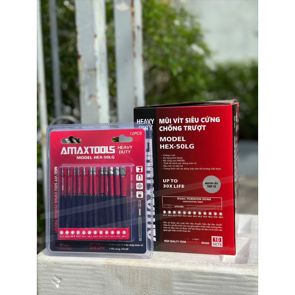 Bộ 12 mũi bắn vít lục giác chống trượt AMAXTOOLS, Thép S2 siêu cứng, HRC60, Mũi bắn vít siêu cứng chống trượt- Thinksafe