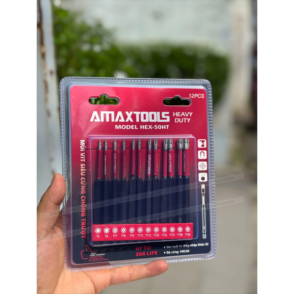Bộ 12 mũi bắn vít lục giác chống trượt AMAXTOOLS, Thép S2 siêu cứng, HRC60, Mũi bắn vít siêu cứng chống trượt- Thinksafe
