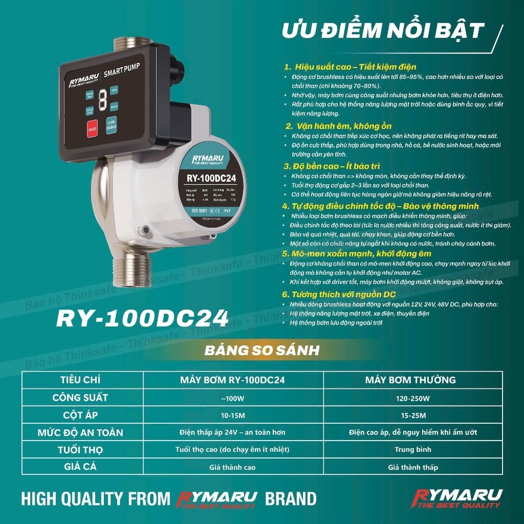 Máy bơm tăng áp mini 24V Rymaru RY-100DC24 bảng điều khiển thông minh ren 27mm cho 1 thiết bị, chống nước, an toàn