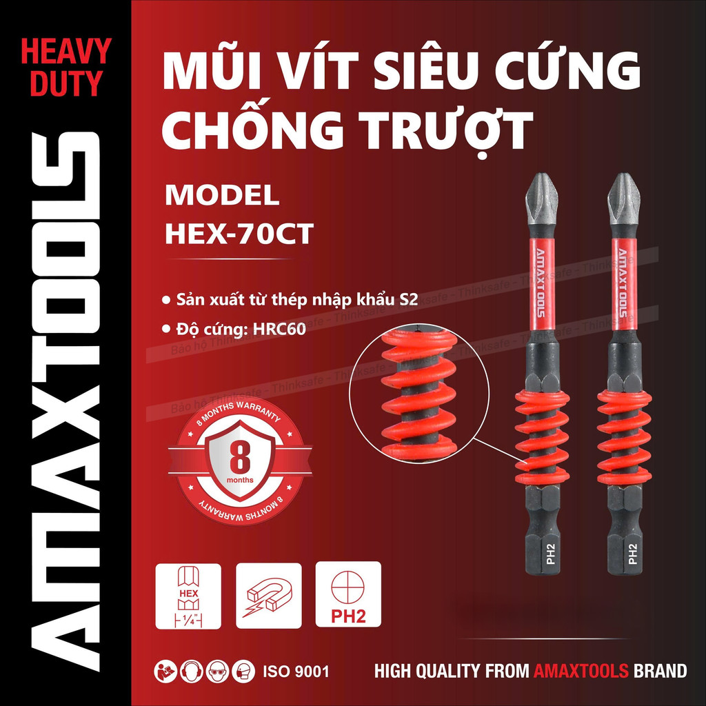 Bộ 2 mũi bắn vít chống trượt siêu cứng Amaxtools, Thép S2, Lò xo giảm chấn, Mũi bắn vít bake PH2, Chuôi lục giác